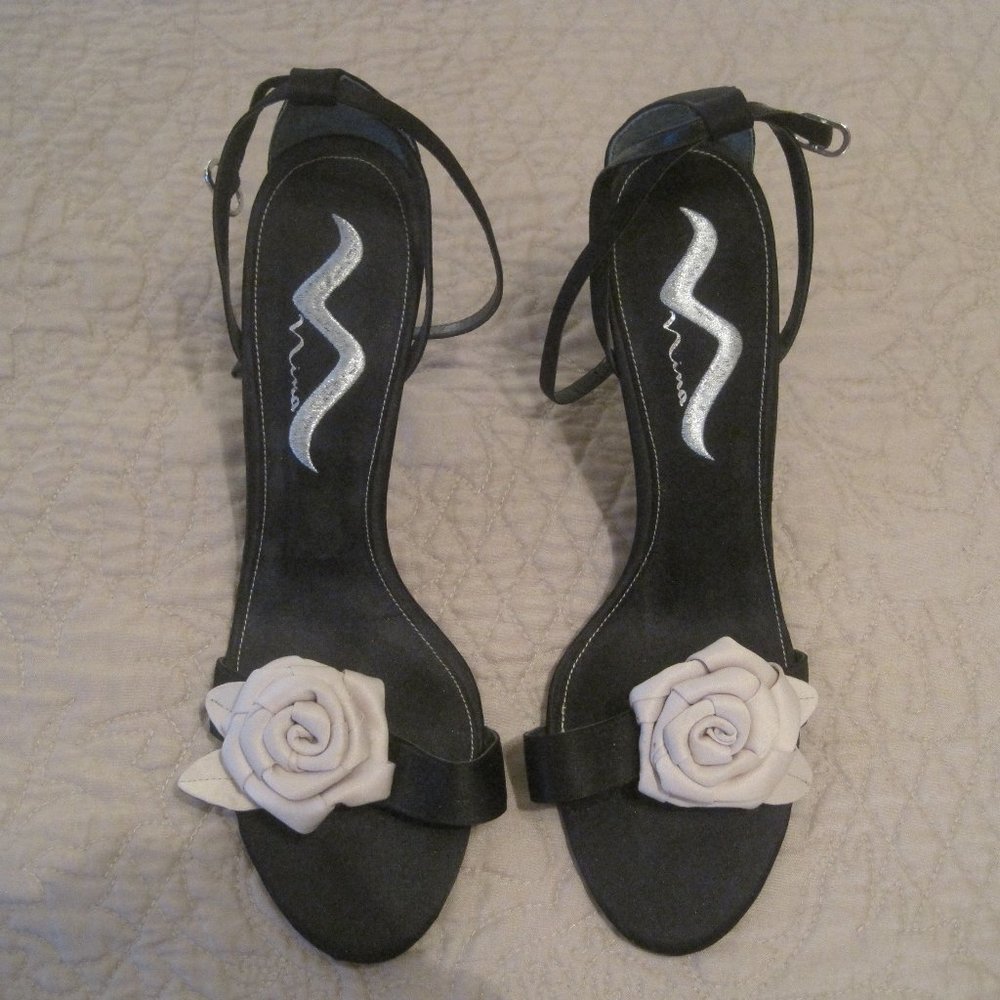 NINA BLACK ANKLE STRAP SATIN HEELS WITH SATIN ROSE